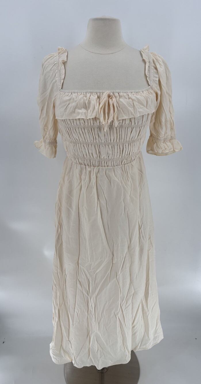 Lulus Nahanni Dress Womens Medium Cream Smocked Midi Bow Ruffles Puff Sleeves